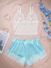 Regalo sorpresa del Día de San Valentín, nuevo conjunto de lencería sexy, sujetador de encaje blanco suave con decoración de pestañas de mariposa, shorts de satén ajustables, conjunto de ropa de dormir de 2 piezas, elegante y exquisito atuendo para fiesta - Azul cielo - Ver 3