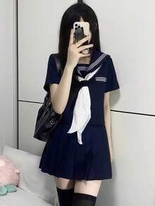1pc School Uniform Cosplay Outfit / Navy Blue 3-Piece JK Uniform Summer Set For Women, Y2K Aesthetic Suitable For Cosplay, Party, Graduation Photo Shoot Spring - Multicolor - View 3