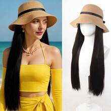 20英寸合成假发配沙滩帽，直发一体式假发帽，夏季防晒帽，黑色长直发全头假发 - Dark Brown - 查看 2