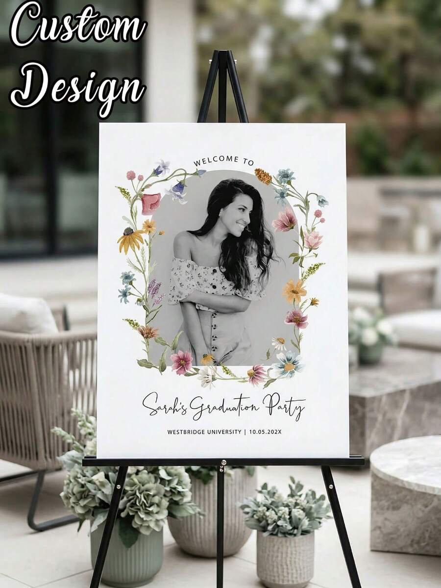 1pc Personalized Black & Gold Graduation Ceremony Welcome Sign, Graduation Party Welcome Information, Wild Flower Graduation Welcome Message, Minimalist Party, Boho Style Photo, Graduation Photo Welcome Board, 2026 Graduate Decoration, 2026 Graduation Season Custom Poster, Graduation Welcome Poster - Multicolor - View 1
