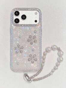 Luxury Rhinestone Flower Pearl Butterfly Shell Pattern Phone Case + Rhinestone Chain Strap, Suitable For IPhone 17 Pro Max/16/15/14/13/12/11, Pearl Rhinestone Phone Lanyard - Multicolor - View 11