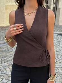 PoPoHouse 女士亚麻露背吊带性感无袖系带V领背心日常休闲办公通勤商务夏季度假外出穿搭棕色上衣 - 棕色 - 查看 8
