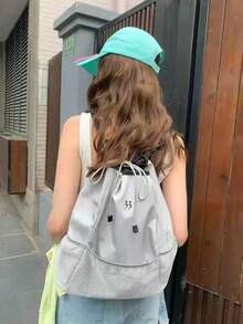 Mochila de viaje para volver a la escuela, adecuada para estudiantes universitarios y de secundaria, resistente al agua, ligera, con cuentas, cierre de cordón, gran capacidad, bolsa casual para estudiantes mujeres - Gris - Ver 3