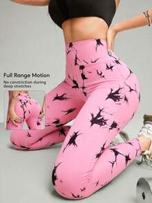 Women Wide Waistband Fashion Tie-Dye Print Fitness Yoga Leggings High-Waisted Tummy Control Running Sports Pants Athletic Training Active Tights - Hot Pink - View 3