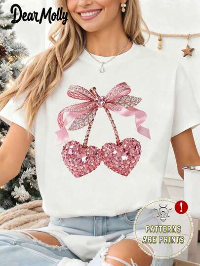LOVE MOLLY Valentine's Day Cherry Rhinestone Glitter Print Short Sleeve T-Shirt, Retro Funny Valentine's Day Crew Neck Top, Casual Everyday Wear Gift For Her White