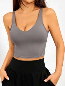 1 pezzo Canotta sportiva casual da donna senza maniche, stile versatile e abbinabile con tessuto elastico, adatta per fitness, yoga, allenamento, corsa, top senza schienale - Grigio Scuro - Visualizzare 2