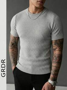 GRDR Men's Summer Ribbed Crew Neck Short Sleeve Knit Sweater, Suitable For Summer Outings, Essential For Fashionable Styling - Light Grey - View 7