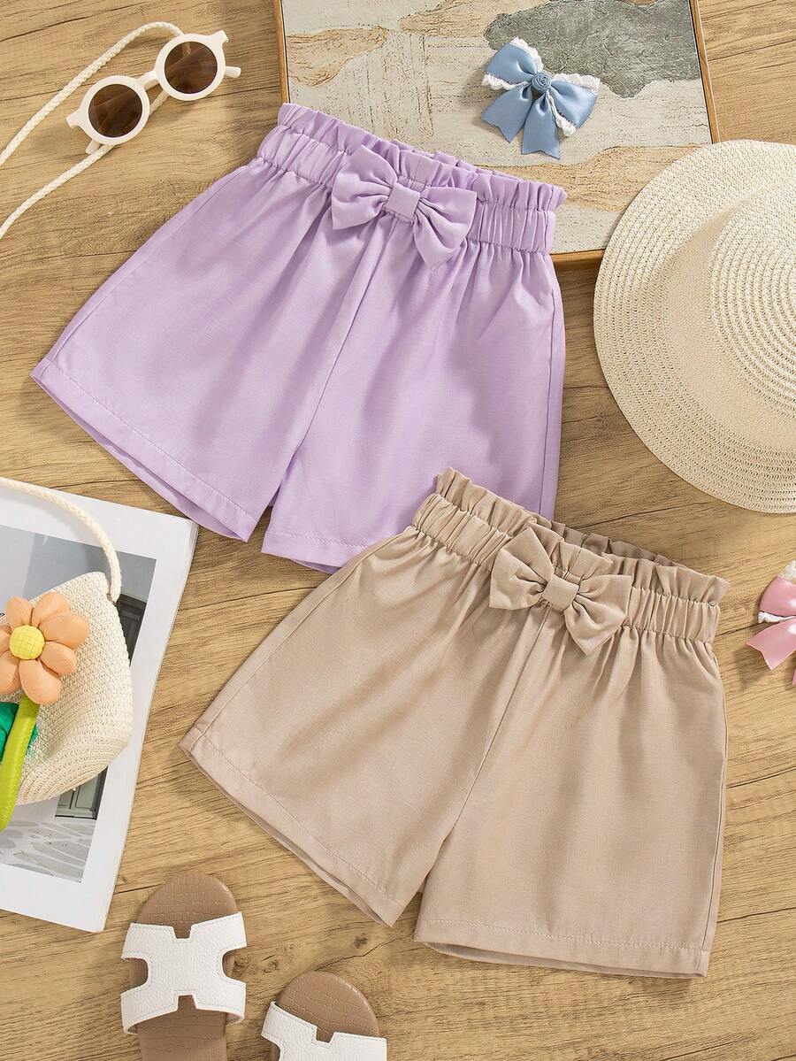 2pcs/Set Girls' Casual Solid Color Bow Decor Shorts For Outdoor, Summer - Apricot - View 1