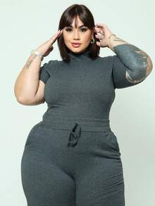 Comfortable Plus Size Set Of Blouse And Wide Leg Pants With Elastic - 淺灰色 - 查看 3