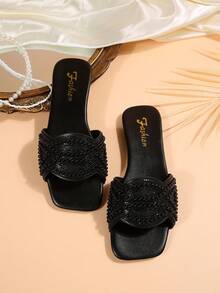 Women's Versatile Black Pearl & Rhinestone Flat Slippers, Summer - Black - View 10