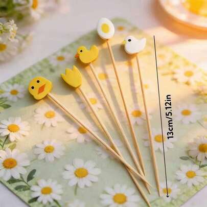 5pcs Cute Duck & Egg Cartoon Bamboo Skewers, Colorful Fruit Picks, Suitable For Party, Wedding, Birthday, Easter And More