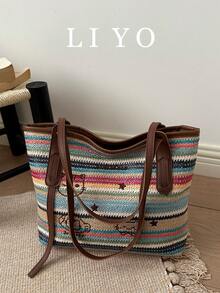 Fashionable Rainbow Striped Woven Tote Bag, Versatile Women Handbag For Beach Vacation - Multicolor - View 1