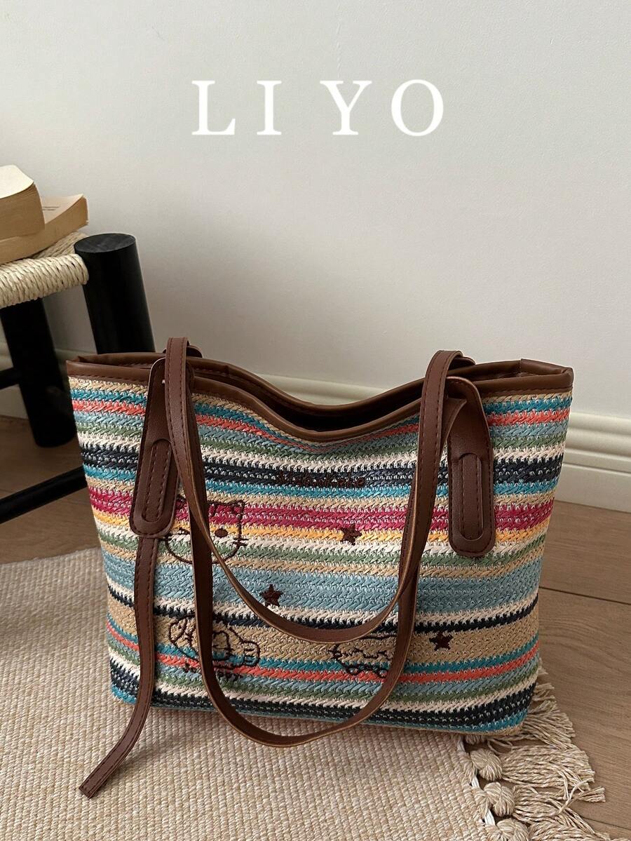 Fashionable Rainbow Striped Woven Tote Bag, Versatile Women Handbag For Beach Vacation - Multicolor - View 1