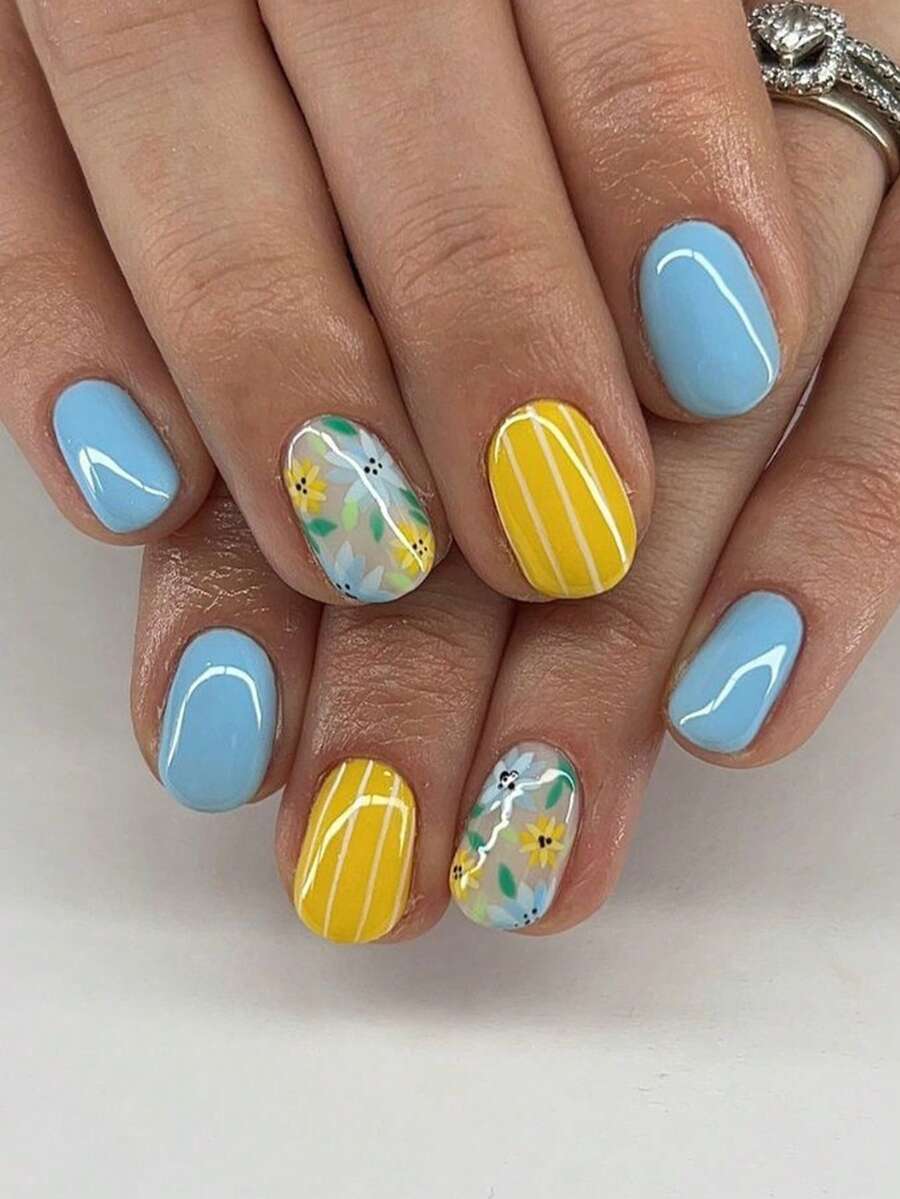 24-Piece Set Of Light Blue And Yellow Floral Striped Nail Stickers, Short Square-Shaped Fresh Fake Nails, Fresh Spring Style, Combining Pure Light Blue Nail Pieces, Yellow Striped Nail Pieces And Nude Base With Exquisite Floral Patterns. Short Fake Nails, Nail Decoration, Acrylic Nails, Suitable For Spring Outings, Daily Commutes, Parties, Dates And Other Occasions! - Multicolor - View 1