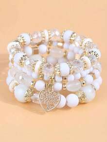 4pcs/Set Heart Charm Beaded Bracelet For Women, Valentine Mother's Day Gift Stackable Jewelry - 白色 - 查看 1