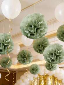 Dusty Sage Green Tissue Paper Pom Poms - Hanging Paper Flowers For Botanical Neutral Bridal Shower Wedding Birthday Graduations Christmas And Special Occasions( - Green Paper Flower Ball With Rat Tail - View 7