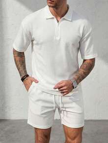 夏季复古华夫格男士套装，休闲通勤简约白色拉链 Polo 衫和抽绳短裤两件套 - 白色 - 查看 1