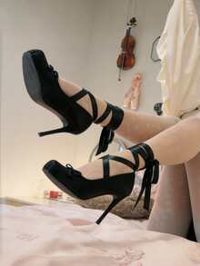 Women's Satin Ballerina Stiletto Heels Closed Square Toe Lace Up High Heel Strappy Mary Janes Elegant Party Shoes With Removable Ribbons - màu đen - Xem 9