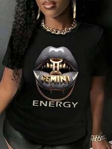 1 camiseta negra para mujer con estampado de labios de Géminis, cuello redondo, de algodón casual, tejido de punto de elasticidad media, corte regular para damas, ideal para primavera/verano/otoño, Día de San Valentín, Día de San Patricio, Pascua, Día de la Madre. - Negro - Ver 5