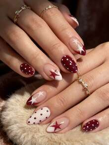 24片可爱星星波点美甲贴纸，红白撞色美甲，可重复使用的按压式美甲贴（含果冻胶和指甲锉） - 彩色 - 查看 3