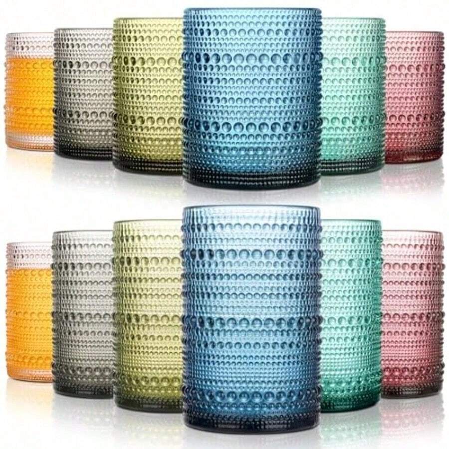 Colored Hobnail Drinking Glasses Set Of 12 15ozand12oz Kitchen Vintage Glassware Emed Beaded Water Tumbler For Cocktail Juice And Various Mixed Drinks Dishwasher- - 12件彩色 - 查看 1