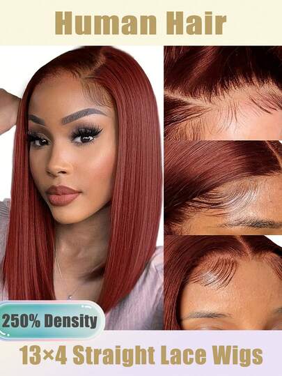 250% 密度 13x4 蕾丝前额假发，预先拔毛的直发，完美适合追求自然外观的女性，红棕色短波波头假发 - 10 英寸直发真人发，预先拔毛并带有婴儿绒毛，齐肩长度，自然外观，适合休闲装扮，13x4 直发短波波头假发，红棕色，预剪蕾丝假发，30 秒快速安装假发，优雅的红棕色短波波头假发，女士之选。