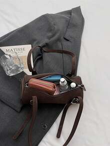 复古哑光圆柱形手提包，新款优雅小众时尚多功能通勤单肩腋下包，带手机和零钱包，女士款 - 咖啡 - 查看 8