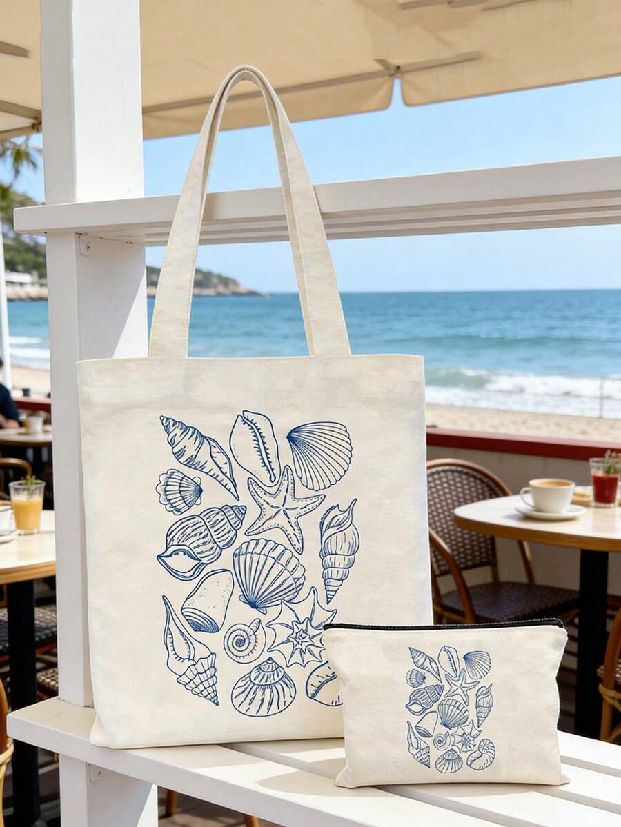 Ocean Theme Canvas Tote Bag, With Starfish And Shell Pattern, Large Capacity Women's Shoulder Bag, Portable Tote Bag, Multi-Functional Storage Bag, Commuter Shopping Bag, Foldable Large Capacity Casual Grocery Bag, Perfect Gift For Friends Who Love The Ocean, Women, Mothers, Teacher's Day, Back To School Season, Birthday Holiday, Spring And Summer Beach Vacation - Multicolor - View 1