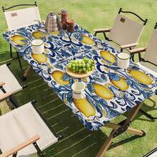 1pc Rectangular Elastic Tablecloth, Lemon Blue Leaf Tile Pattern, Suitable For Kitchen, Dining Room, Patio, Living Room, Picnic, Holiday Party, Camping And Daily Home Decor - A - View 10