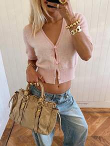 Women's Pink Short Sleeve V-Neck Knit Cardigan, Lightweight Front Button Casual Top, Summer Clothing - Pink - View 4