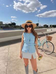 Débardeur élégant sans manches à simple boutonnage, décoré de poches, style mode décontracté pour l'été - Bleu gris - Voir 4