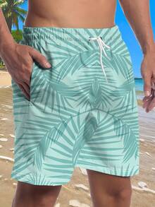 Men's Essential Summer Shorts: Versatile Mint Green Coconut Leaf Casual Beach Shorts - Low Saturation Light Teal + Minimalist Coconut Leaf Print, Suitable For Daily Commutes And Convenience Store Outfits, Clean And Brightening, Quick-Dry Refreshing - Nhiều màu - Xem 4