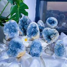 1PC Bohemian Celestite Cluster (Rock Crystal With Natural Cracks, Not Damaged), Unique Blue Mineral Specimen, Geode, Suitable For Home And Office Decoration - Blue and White - View 7