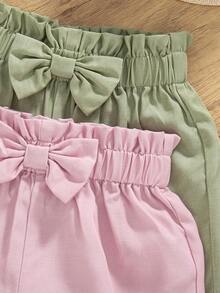 2pcs/Set Girls Casual Solid Color Bow Decor Shorts For Outdoor, Summer - Green - View 4