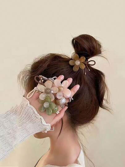 5pcs/Set New Fashionable Accessories, Cute Floral Elastic Hair Bands, Ladies Sweet Coffee Color Hair Ties & Hair Tie, Ideal Gift Choice Ponytail Holders Hair Rubber Bands Scrunchies Hair Rope