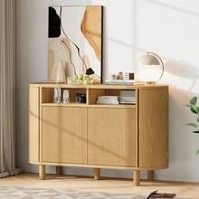 Modern Sideboard With Multifunctional Storage Space For The Hallway, Sideboard With Refrigerator-Like Doors And Adjustable Feet, Ideal For Hallway, Corridor Or Living Room (Natural) - Khaki - View 2