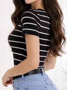 Women's Basic Ribbed Cotton Striped Blouse - Black. - View 2