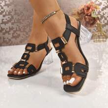 女士夏季镂空露趾高跟凉鞋，舒适水晶粗跟鞋 - 黑色 - 查看 2