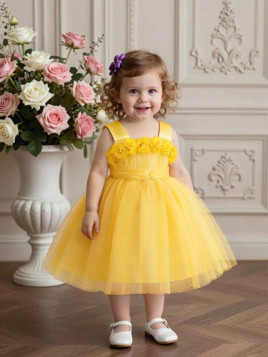 Váy hoa bé gái màu trơn không tay dây rộng họa tiết hoa 3D thanh lịch cho tiệc cưới, không bao gồm băng đô - Màu vàng - Xem 1