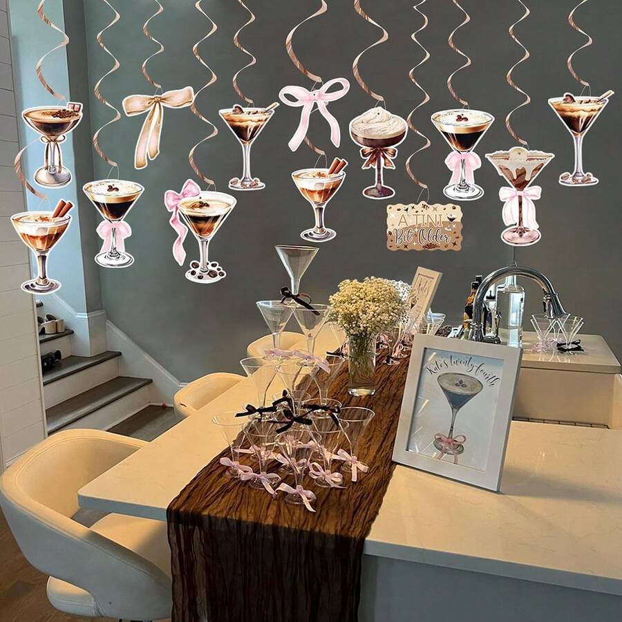 10件組 Espresso Martini 派對懸掛旋轉裝飾 A Tini Bit Older 生日裝飾 Tini Bar 派對天花板彩帶，雞尾酒杯蝴蝶結天花板旋轉飾品，適用馬丁尼蝴蝶結生日、單身派對、新娘婚前派對用品 - 螺旋掛件 - 查看 1