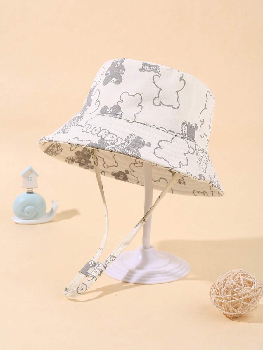 1pc Children's Cartoon Bear Letter Fully Printed, Drawstring Windproof And Sun-Proof, Casual And Cute Fisherman's Hat For Spring And Summer Beach Outings - Multicolor - View 1