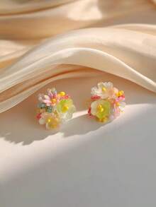 一对优雅可爱的时尚百搭小众绿色花朵耳环，适合女性日常、节日、派对佩戴 - 彩色 - 查看 5