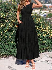 Women Summer Boho Sleeveless V Neck High Waist A-Line Flowy Long Maxi Dress Spring Holiday Hawaii Beach Vacation Party Sundress Outfits - 黑色 - 查看 3