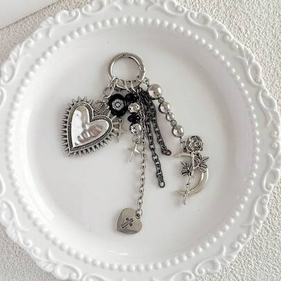 1pc Y2K Chic Cross Rose Chain Sun Heart Keychain Pendant, Personalized Creative Accessory Bag Charm Kawaii Vacation Essentials Bag Accessories