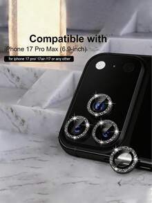 3 pièces Protecteur d'objectif de caméra en verre trempé 9H avec anneau décoratif en métal et strass en alliage, compatible avec iPhone 17 Pro Max/17 Pro/17 Air/17/16 Pro Max/16 Pro/16/16E/15 Pro Max/15 Pro/15 Plus/15/14 Pro Max/14 Pro/14 Plus/14/13/12/11, accessoires de téléphone, convient pour les coques de téléphone, excellent cadeau pour la famille et les amis, cadeau pour la fête des mères, anniversaire - Noir - Voir 4