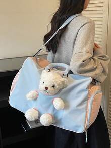 Large Capacity Multi-Functional Cute Plush Bear Decor Travel Bag, Colorblock Design With Built-In Wet & Dry Separation Compartment, Shoe Compartment, Suitable For Short Trips, Weekend Getaways, Gym/Yoga, Student Campus Use - Multicolor - View 13