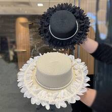 Sweet-Style Pearl Lace Straw Hat For Women, New Spring/Summer Wide-Brimmed Outdoor Sun Protection Hat, White Fedora Suitable For Use On The Beach And In Outdoor Activities. - 卡其 - 查看 4