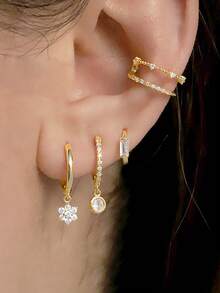 4Pcs 18K Gold Plated Elegance Zirconia Flower Dangle Earrings Set For Women Ear Studs Ear Clips Hoop Cartilage Piercing Earring Girls Vacation Party Jewelry Gift - 1-gold-4pcs - View 1