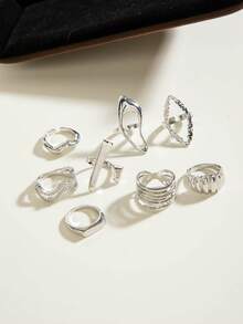 8pcs/Set Punk Style Asymmetrical Geometric Rhombus Open Ring Set, Suitable For Women Daily Stacking Rings Gift - Multicolor - View 9