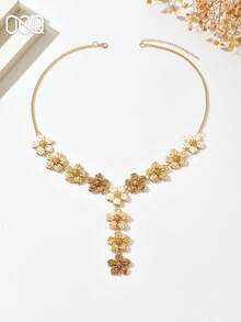 OOQ 1pc Bohemian Style Handmade Woven Raffia Daisy Flower Patchwork Y-Necklace, Fashionable Personalized Handcrafted Raffia Floral Patchwork Long Necklace Suitable For Women's Daily, Beach, Party Wear (Handwoven Style Random, Handmade May Have Slight Glue Residue) - Brown - View 3